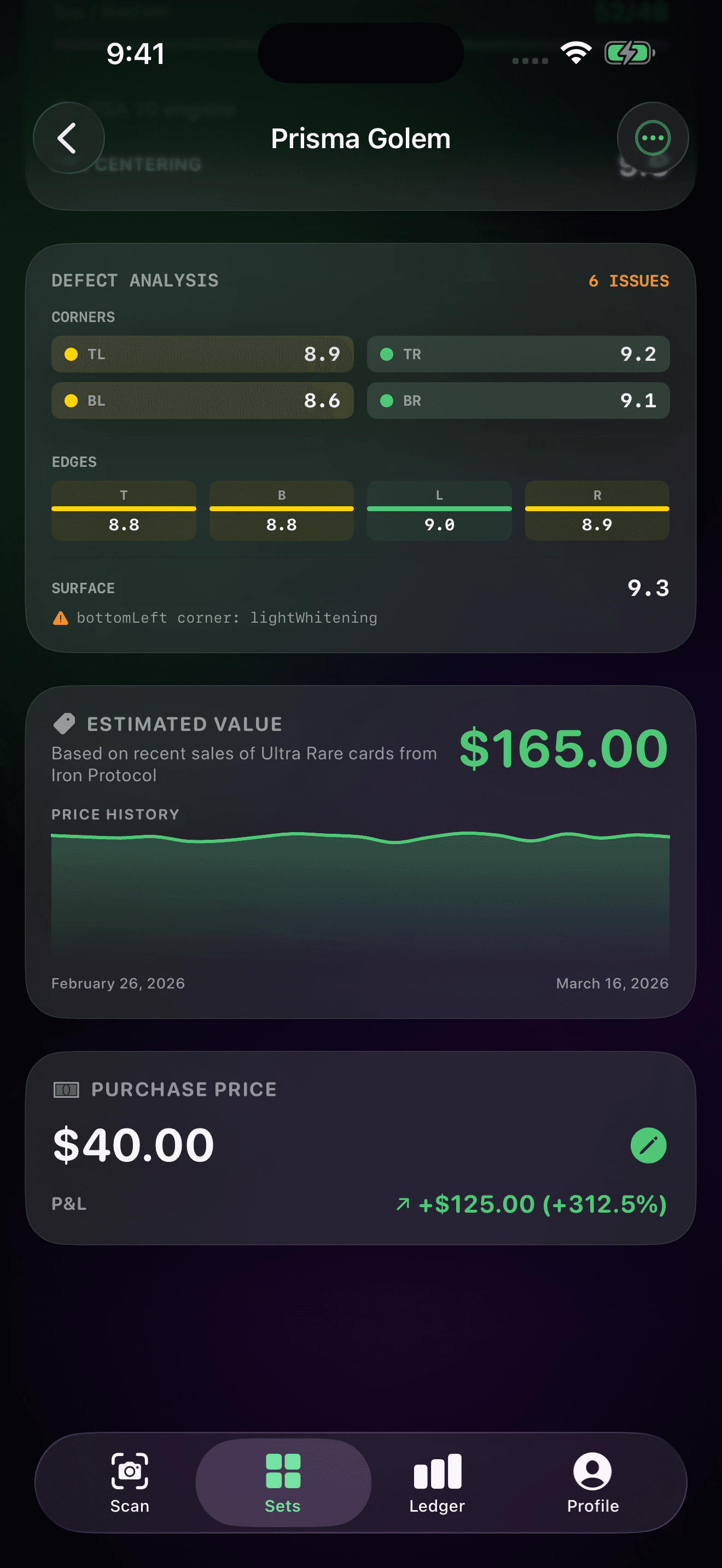 Defect analysis showing corner and edge scores with price history