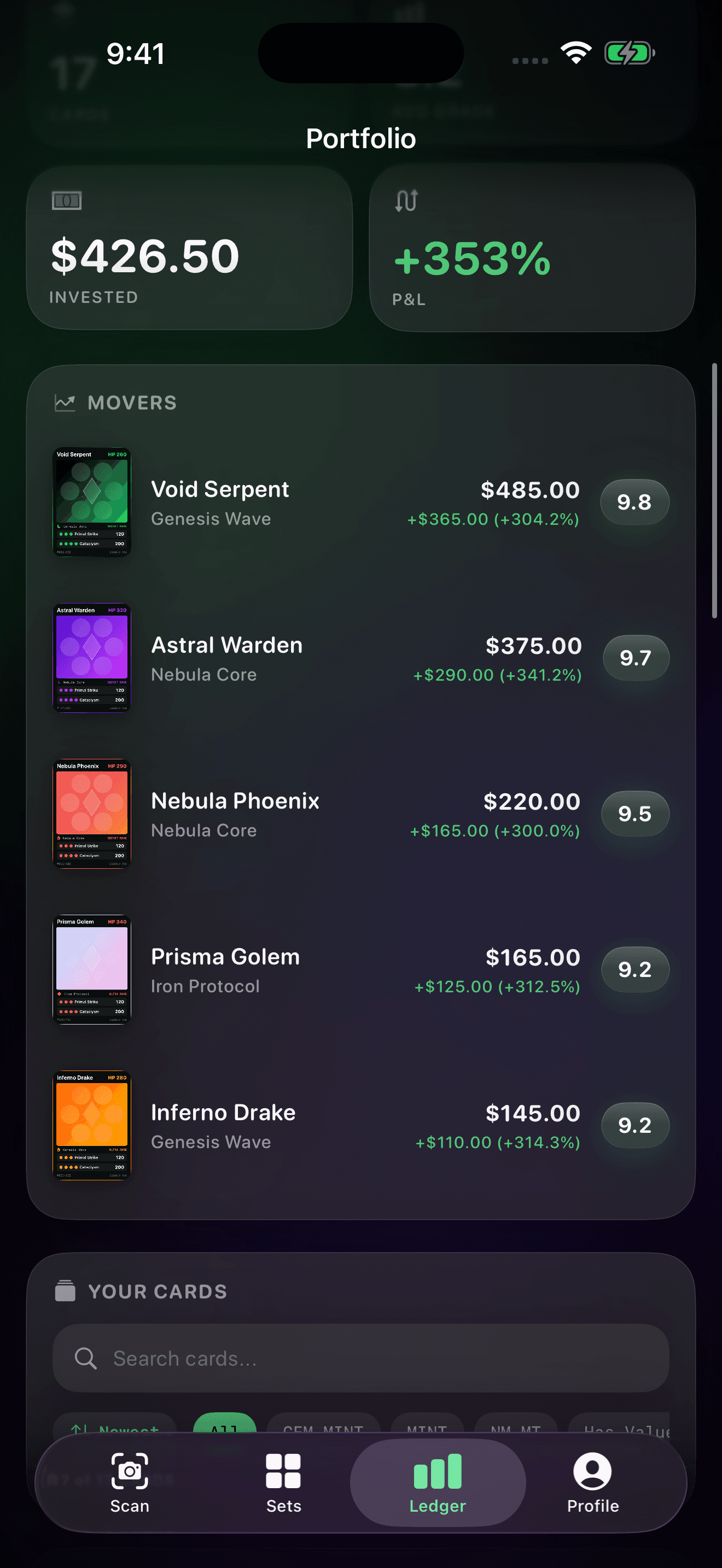 Biggest movers showing card value gains