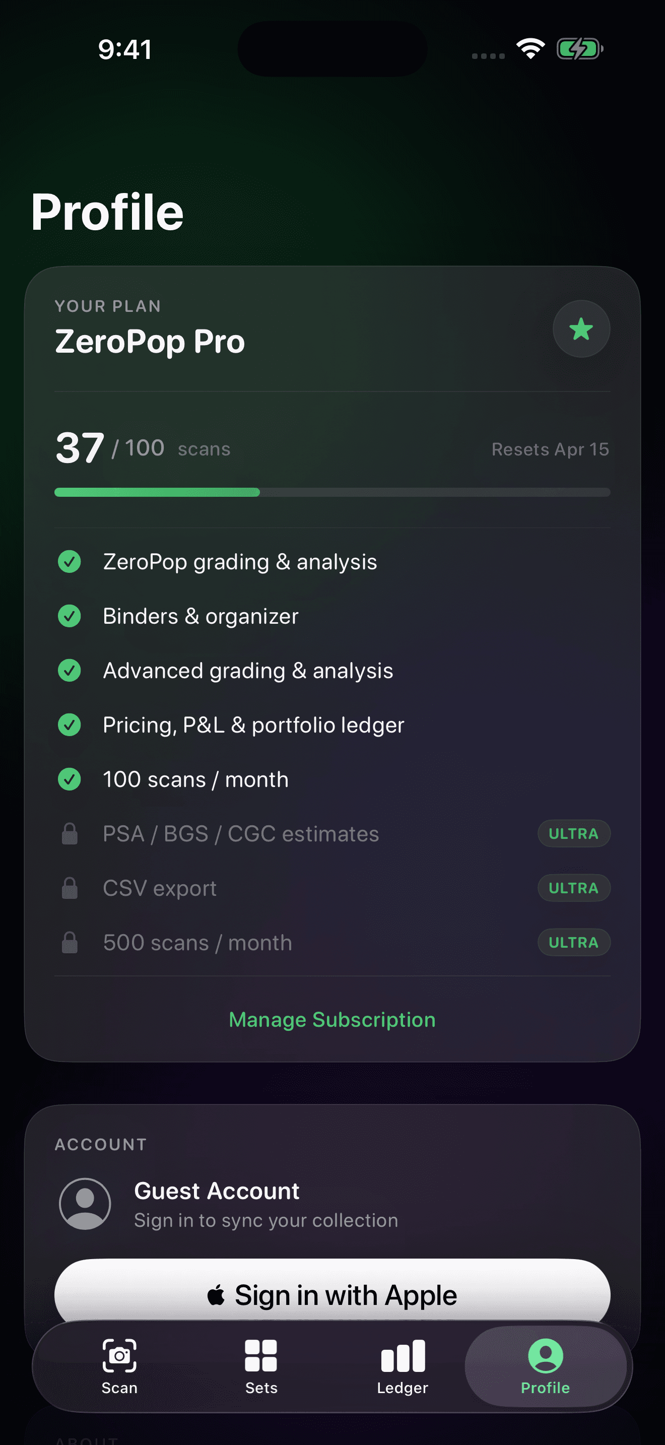 Market pricing with card values and P&L tracking