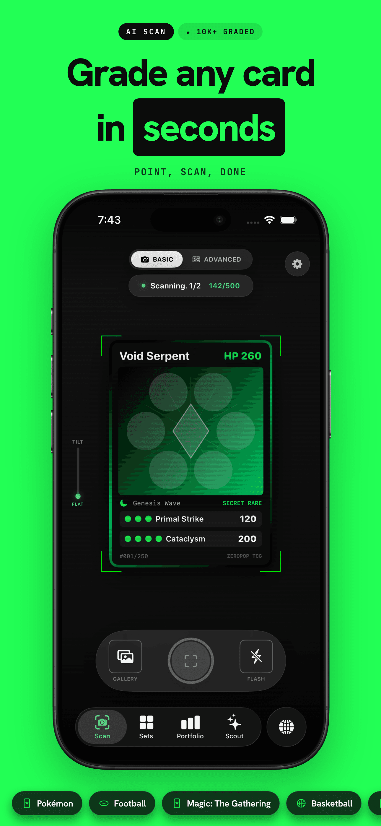 ZeroPop AI card grading app scanning a Pokemon card in seconds with the guided scanner