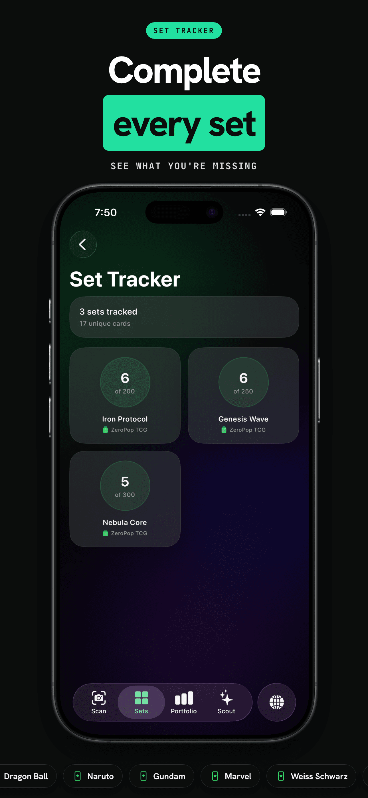 Set completion tracker showing owned versus total cards for a Pokemon set