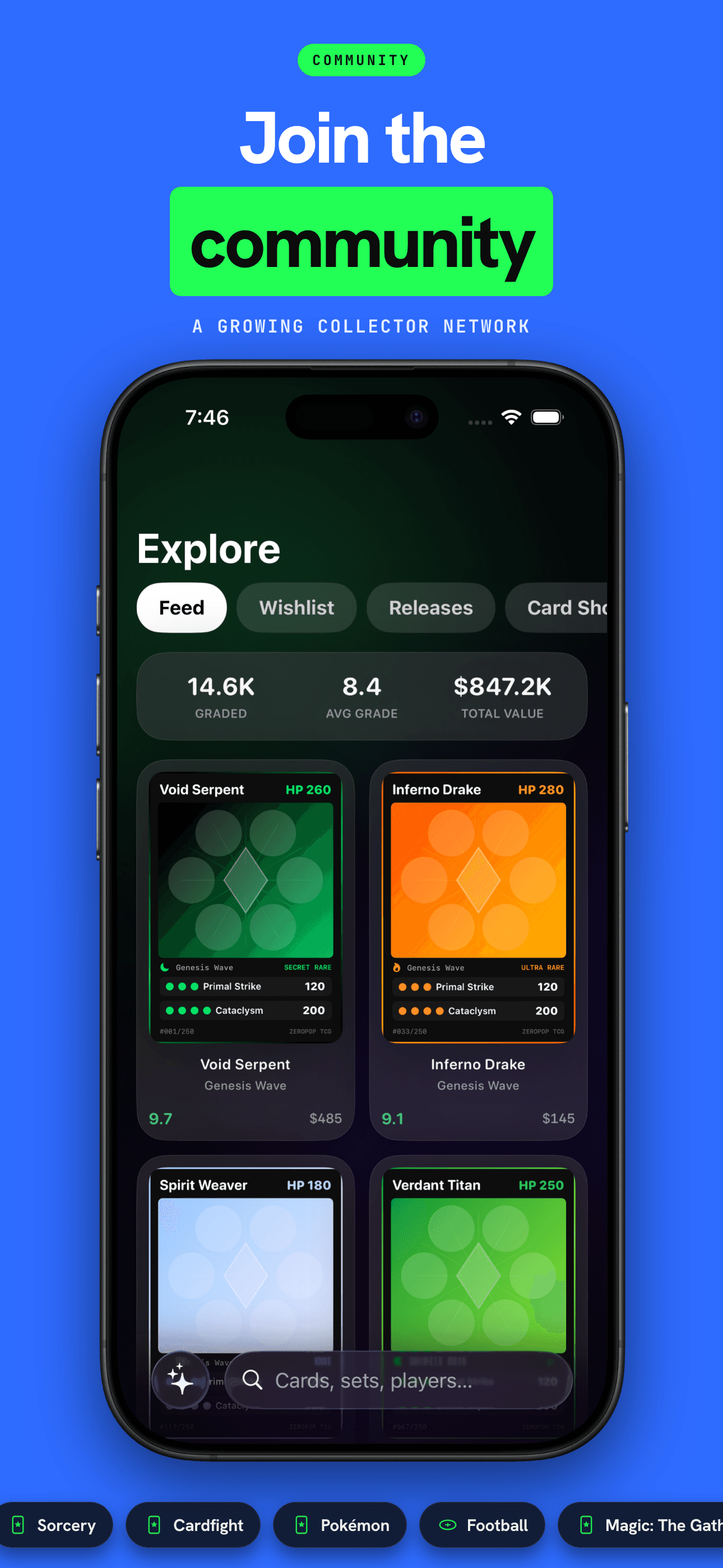 Explore feed of community-graded cards with live grades and market values