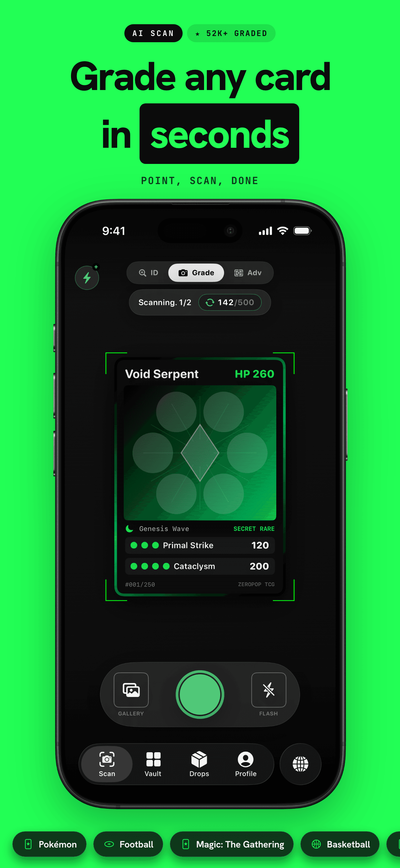 ZeroPop scanner framing a trading card before an AI grade