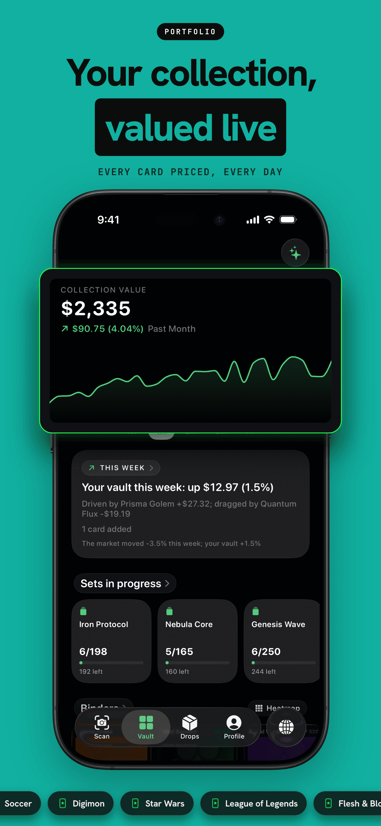 The Vault showing collection value, weekly change, and sets in progress