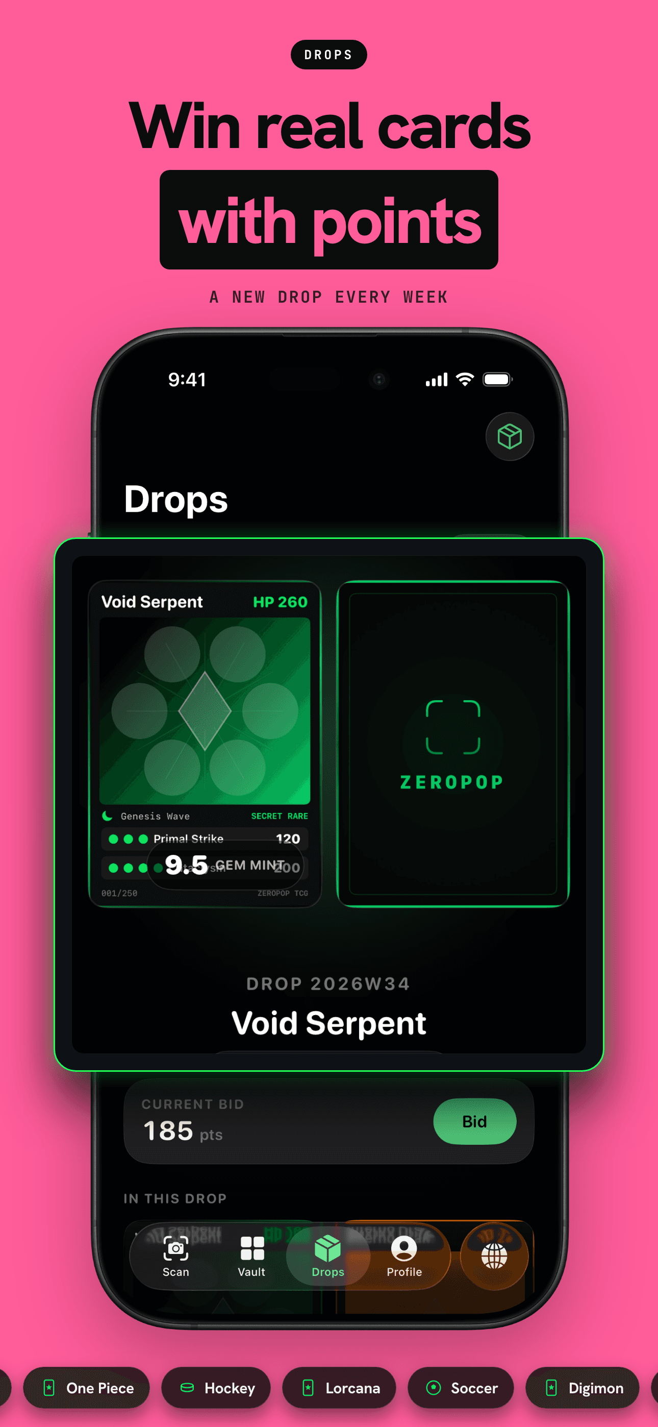 Drops, where points from scanning win real cards every week