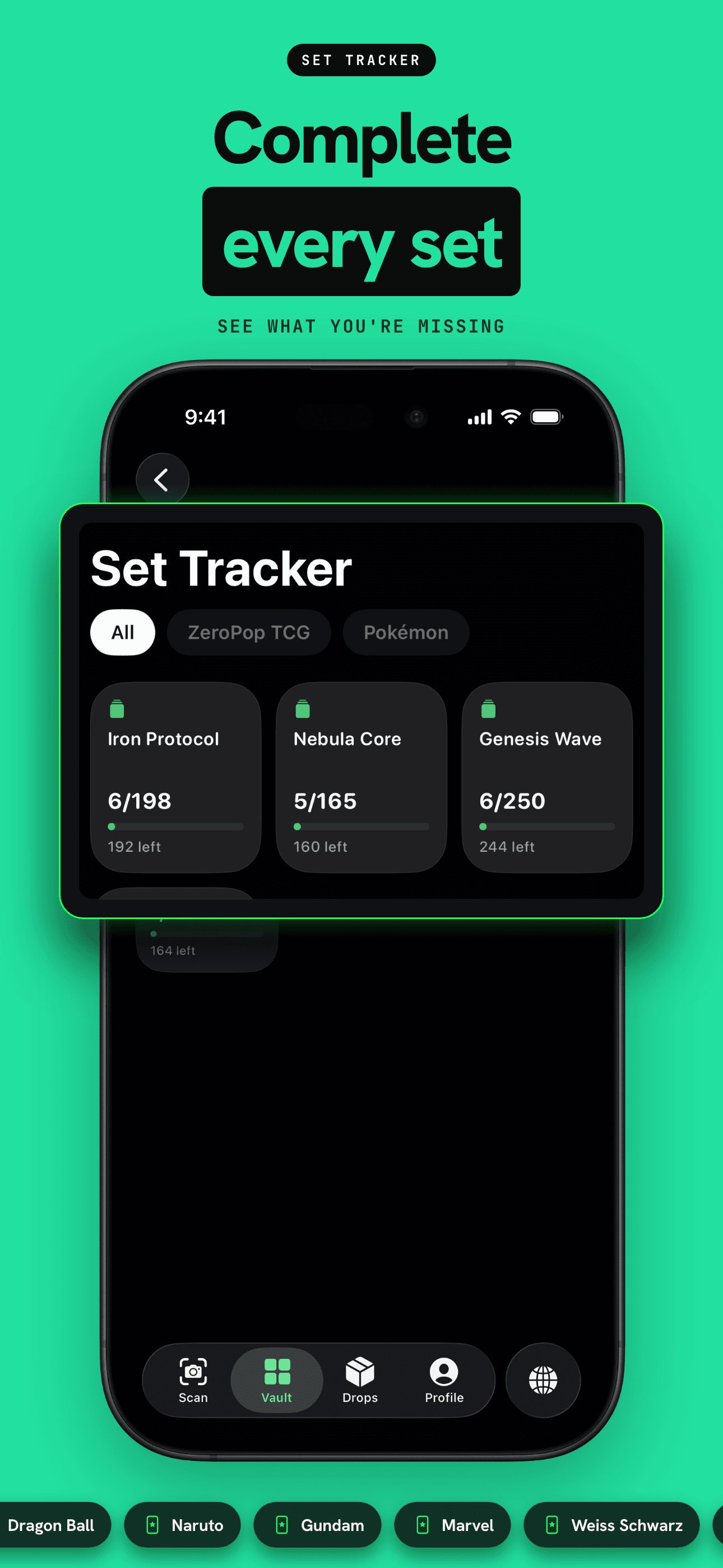 Set tracker showing owned versus total cards for each set