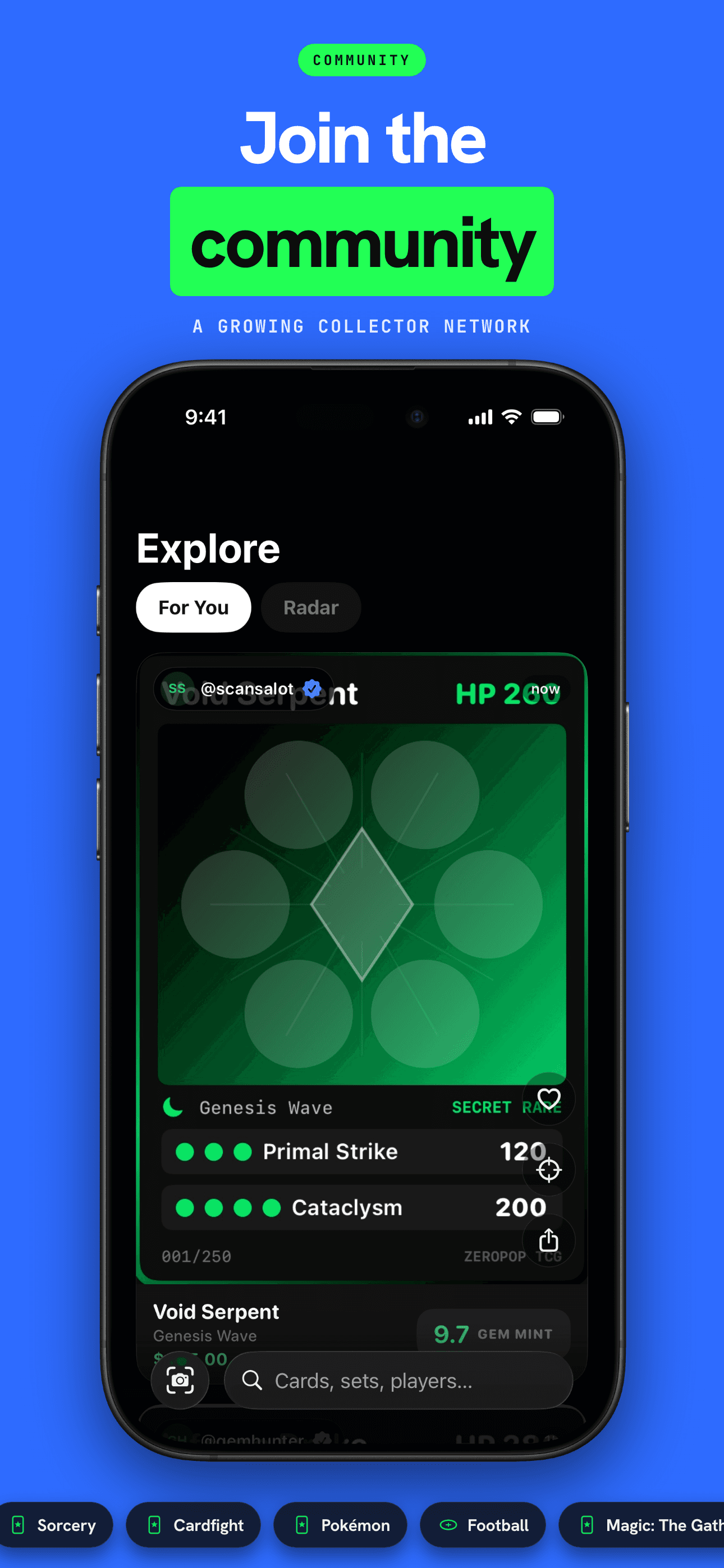 Explore feed of community-graded cards with grades and market values