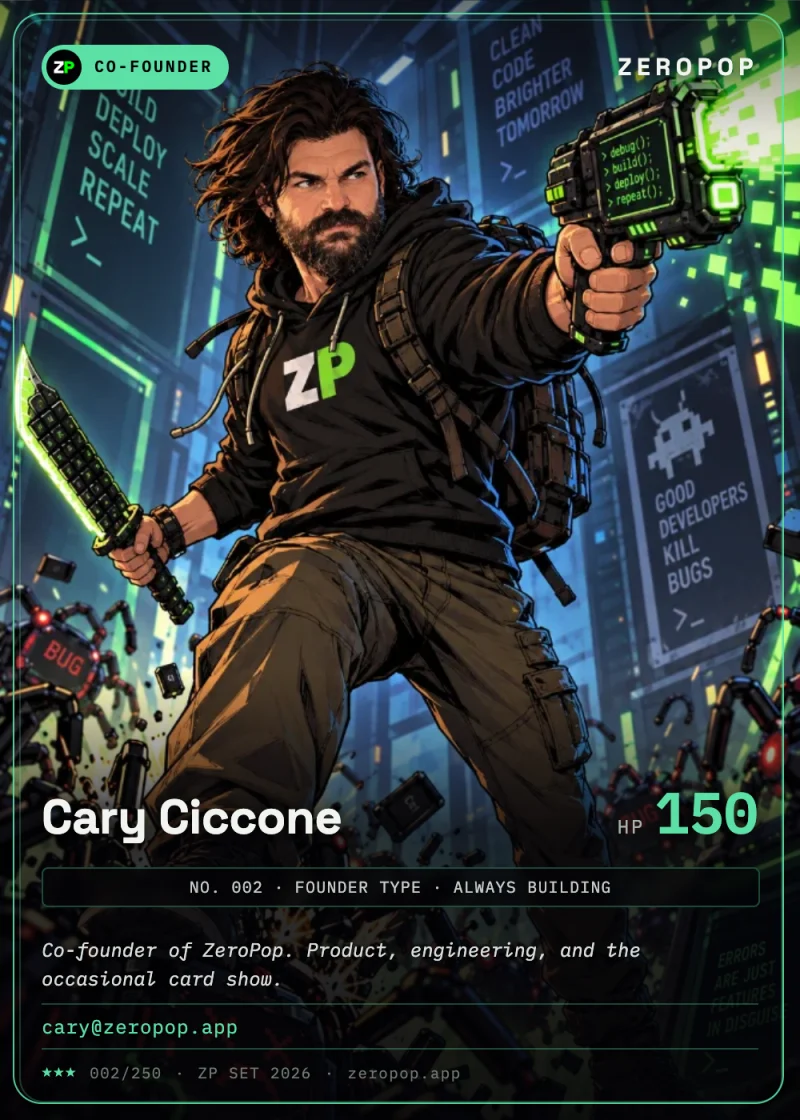 Cary Ciccone, ZeroPop founder trading card, number 002 of 250 in the ZP Set 2026