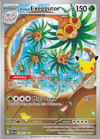 Alolan Exeggutor Illustration Rare 129/128, Pokemon 30th Celebration official card art