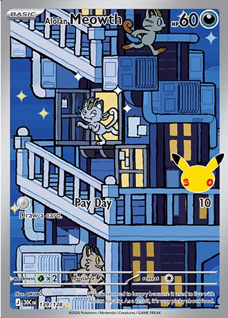 Alolan Meowth Illustration Rare 139/128, Pokemon 30th Celebration official card art