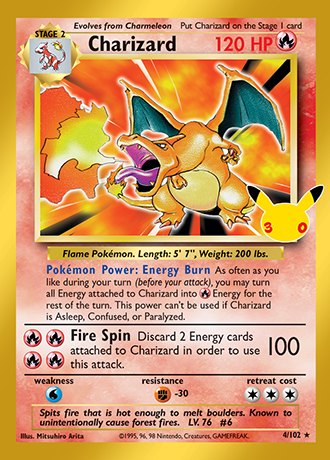 Charizard 4/102, Classic Collection reprint, Pokemon 30th Celebration official card art