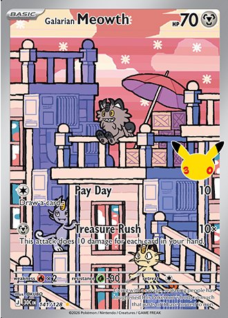 Galarian Meowth Illustration Rare 141/128, Pokemon 30th Celebration official card art