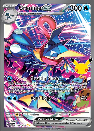 Greninja ex Special Illustration Rare 148/128, Pokemon 30th Celebration official card art