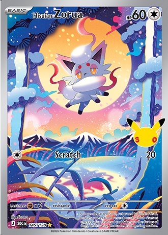 Hisuian Zorua Illustration Rare 145/128, Pokemon 30th Celebration official card art