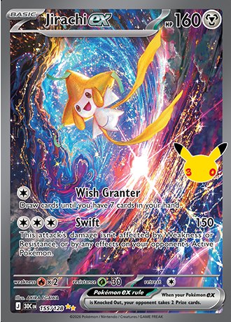 Jirachi ex Special Illustration Rare 155/128, Pokemon 30th Celebration official card art