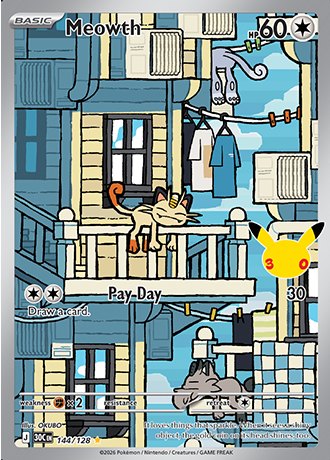 Meowth Illustration Rare 144/128, Pokemon 30th Celebration official card art