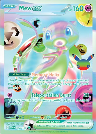 Mew ex Futuristic Rare 158/128, Pokemon 30th Celebration official card art