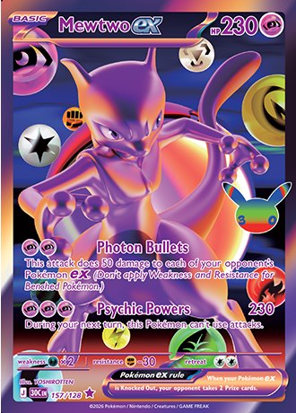 Mewtwo ex Futuristic Rare 157/128, Pokemon 30th Celebration official card art