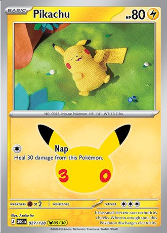 Pikachu 027/128, Pokemon 30th Celebration Pikachu Rare, official card art