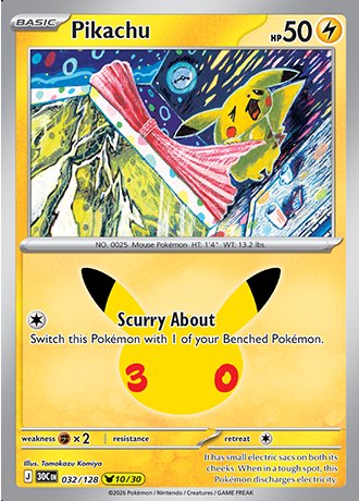 Pikachu 032/128, Pokemon 30th Celebration Pikachu Rare, official card art