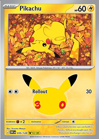 Pikachu 035/128, Pokemon 30th Celebration Pikachu Rare, official card art