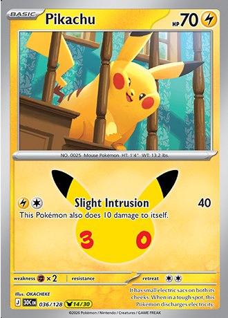 Pikachu 036/128, Pikachu 14/30 by OKACHEKE, Pokemon 30th Celebration official card art