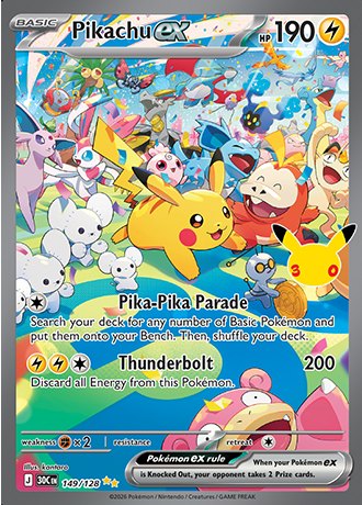 Pikachu ex Special Illustration Rare 149/128, Pokemon 30th Celebration official card art