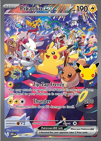 Pikachu ex Special Illustration Rare 150/128, Pokemon 30th Celebration official card art