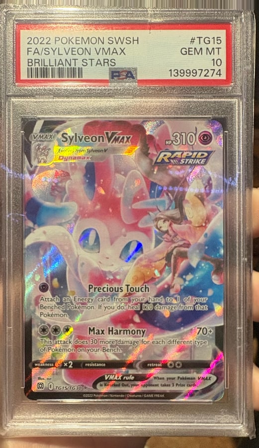 Sylveon VMAX TG15, Brilliant Stars Trainer Gallery, ZeroPop community scan of a PSA 10 slab