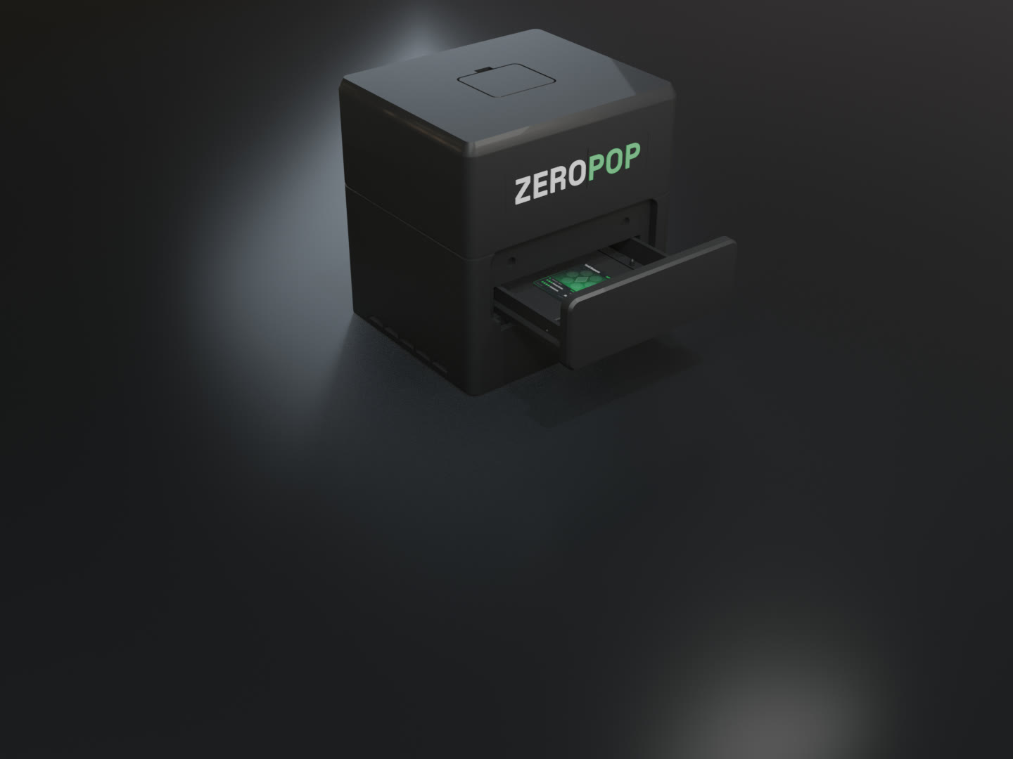 GradeStation with its drawer open and a trading card resting on the floating corner-safe tray