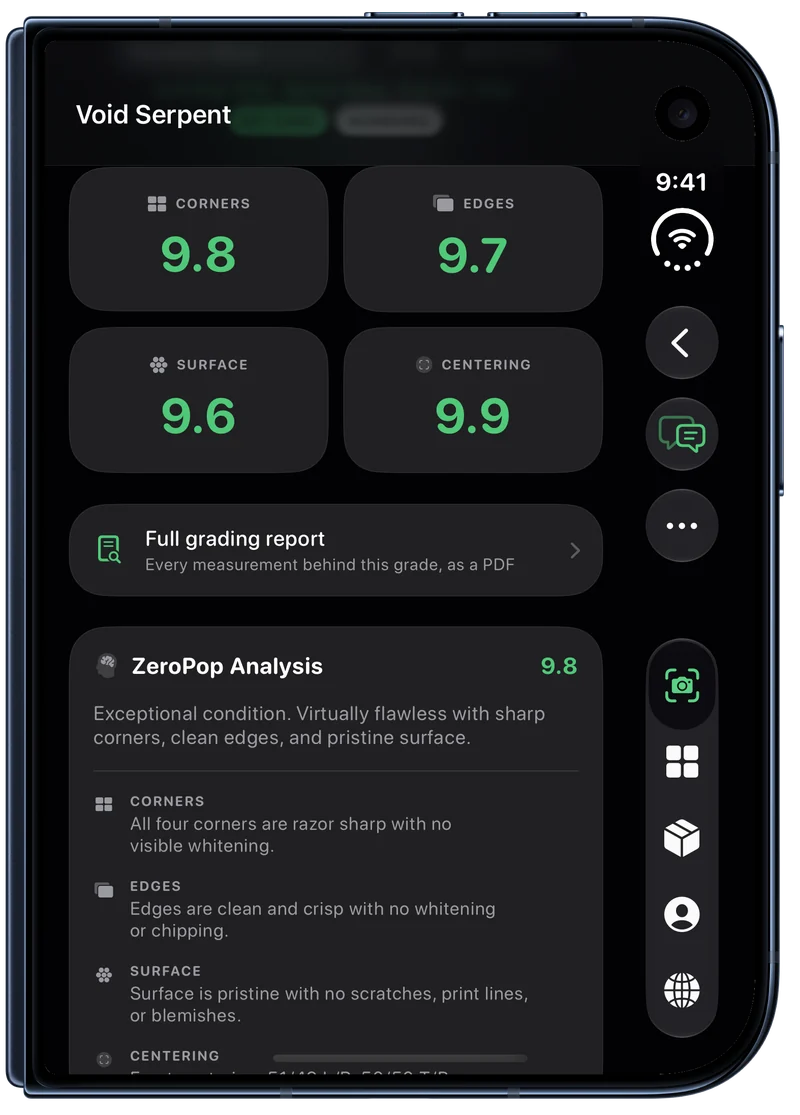 ZeroPop on the closed iPhone Duo cover screen showing a card's four sub-grades