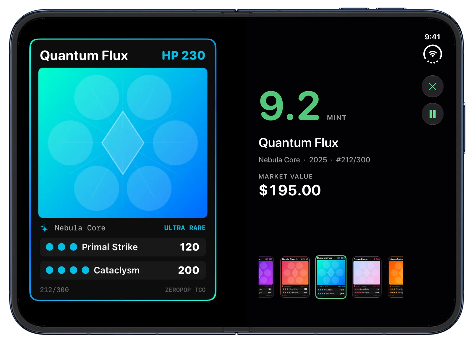 ZeroPop Counter Display on iPhone Duo showing a graded card large beside its grade placard