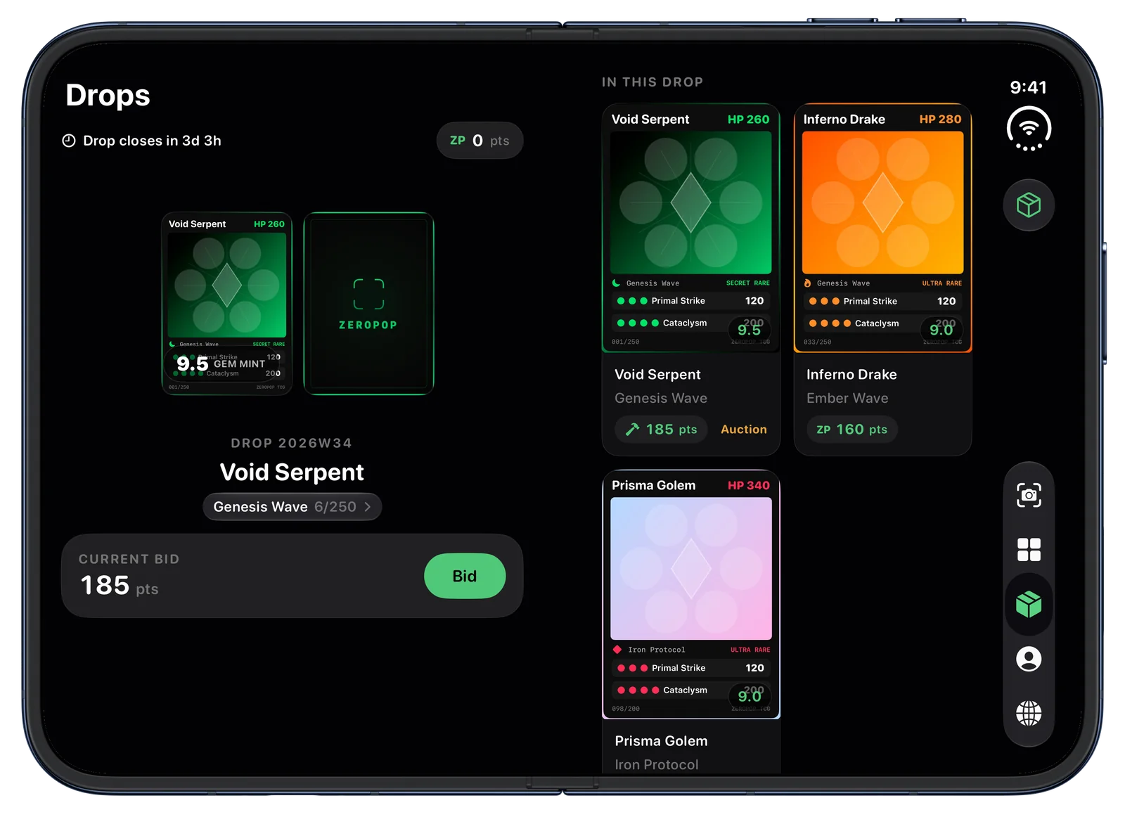 ZeroPop Drops on iPhone Duo with the featured card and bid on the left page and the store on the right