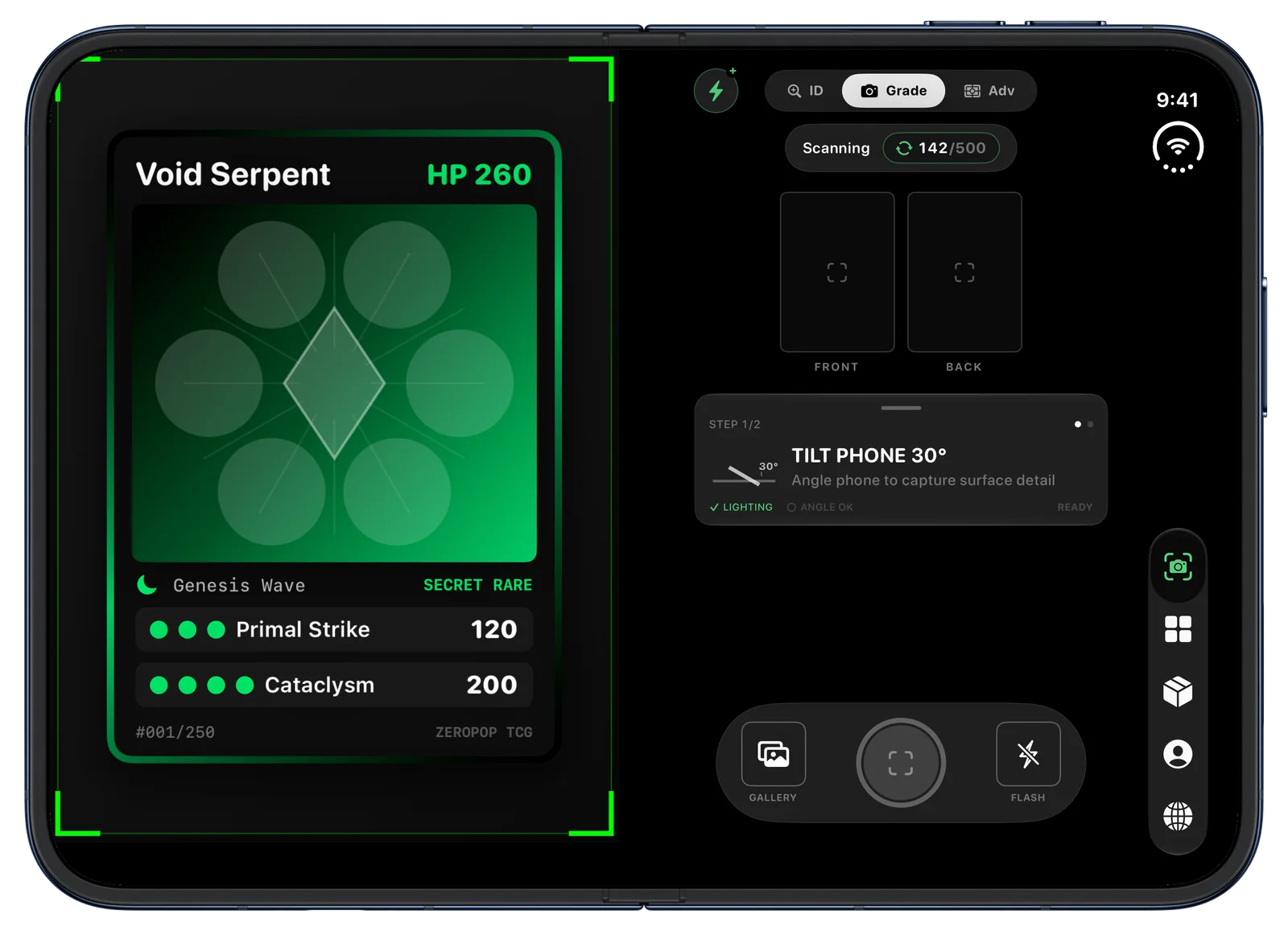 ZeroPop scanner on iPhone Duo with the camera viewfinder on one page and the capture controls on the other