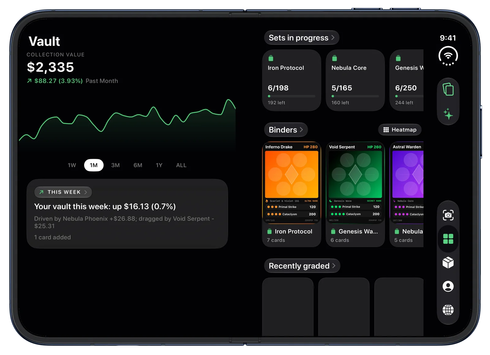 The ZeroPop Vault on iPhone Duo with the collection value chart on the left page and binders on the right